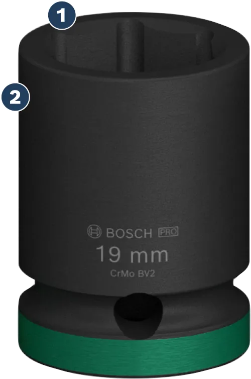 Bosch 19 mm impact socket with green marking.