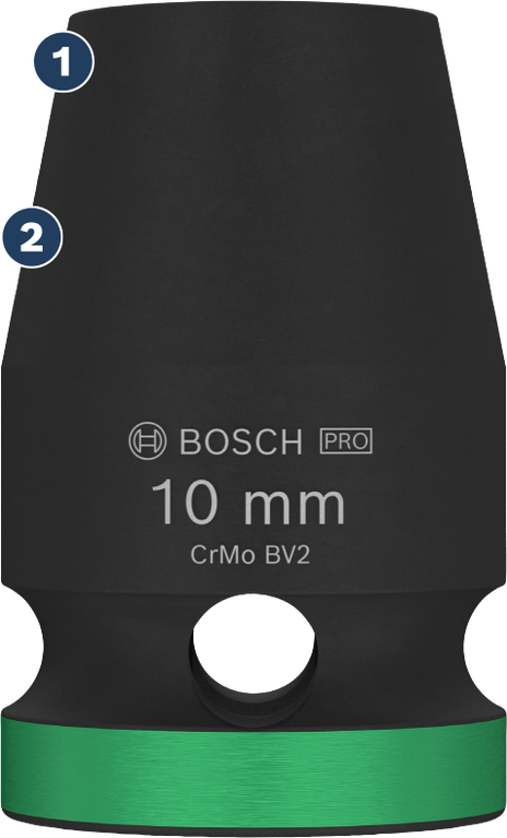 Bosch 10 mm impact socket with green marking.