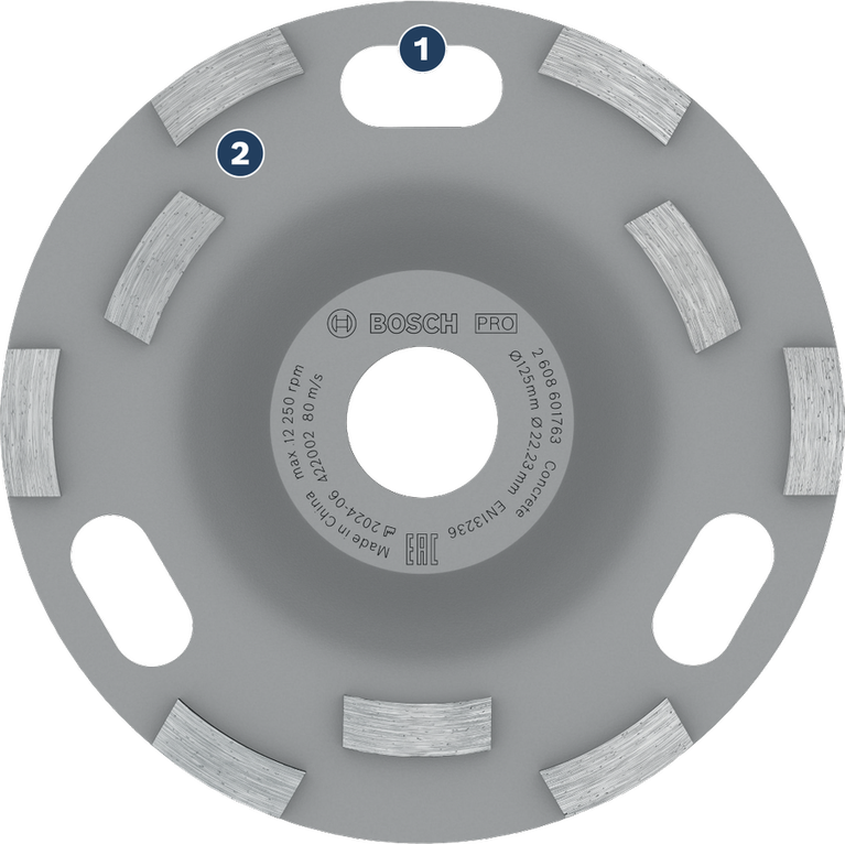 Tête de meulage pour béton Bosch PRO 125 mm pour un enlèvement rapide du béton.