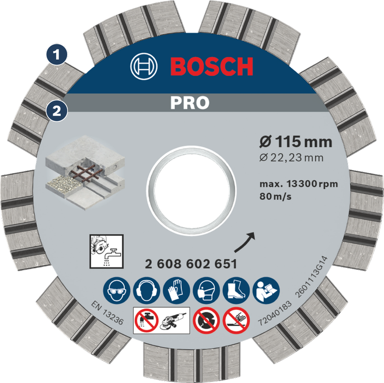 Bosch PRO 115mm segmented diamond cutting disc for concrete.