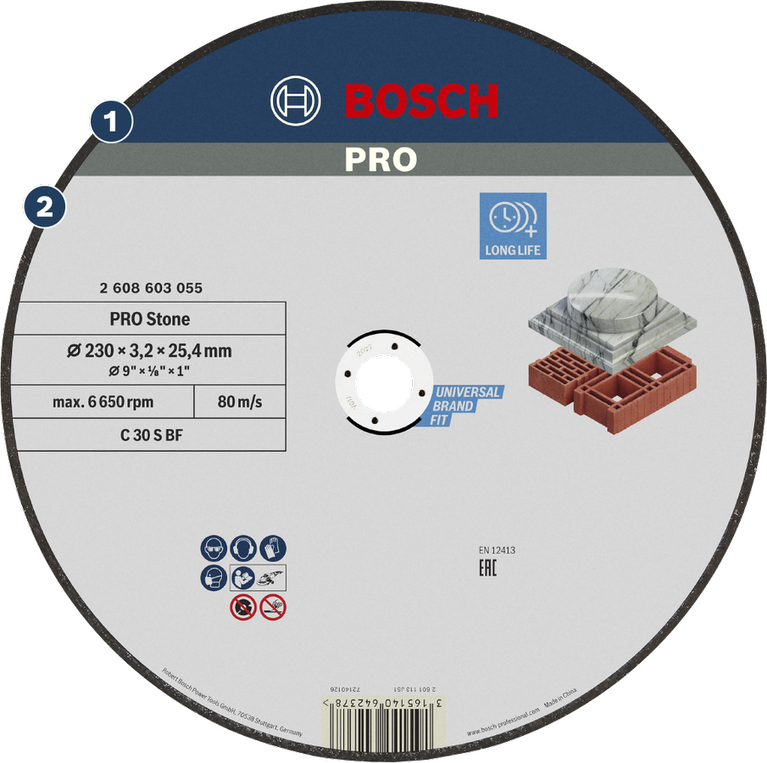 Bosch PRO Stone Cutting Disc 230 mm for long life use.