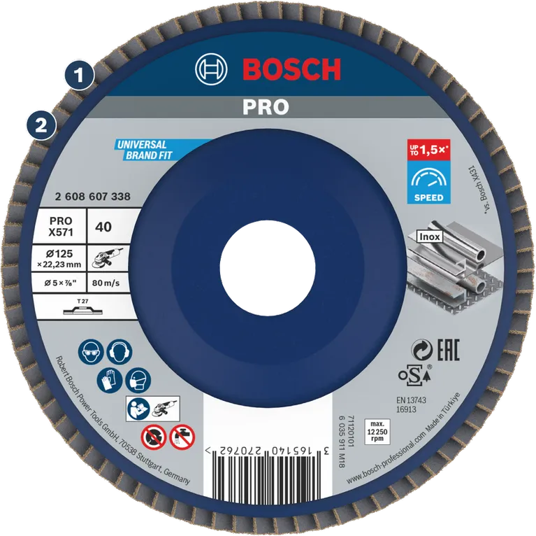 Bosch PRO X571 flap disc for metal grinding.