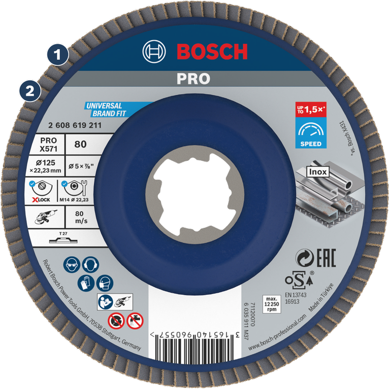 Bosch X571 flap disc for metal and stainless steel grinding.