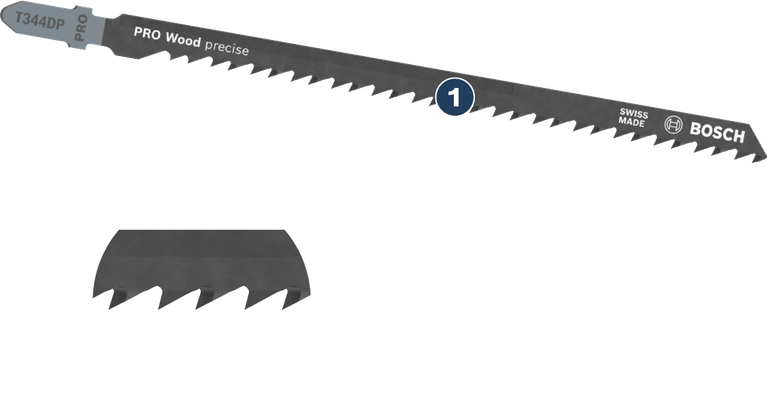 Bosch T344DP PRO Wood precise jigsaw blade for clean wood cuts.