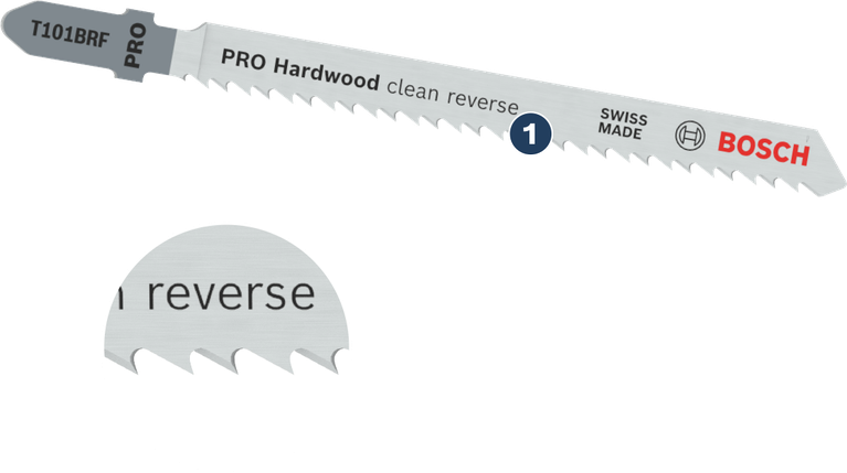 Bosch T101BRF jigsaw blade for clean reverse hardwood cuts.