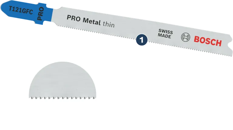 Bosch T121GFC jigsaw blade for thin metal cutting.