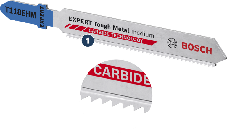 Bosch EXPERT Tough Metal T118EHM jigsaw blade with carbide teeth.