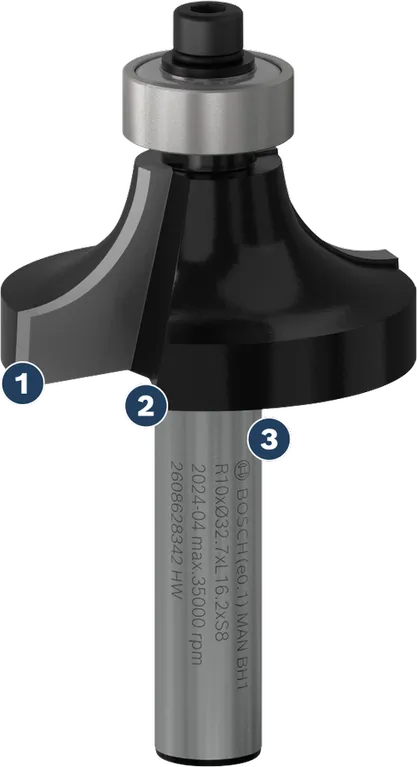 Fresa per fresatura arrotondata Bosch con guida a cuscinetto a sfere.