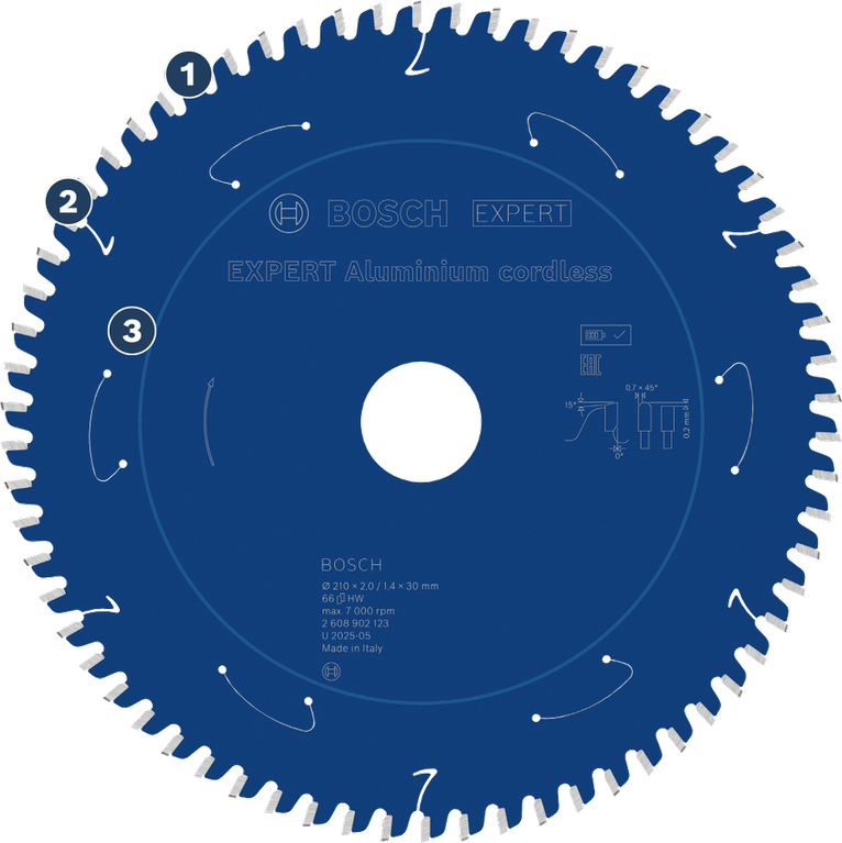 Lama per sega circolare a batteria Bosch EXPERT in alluminio, diametro 210 mm con 66 denti.