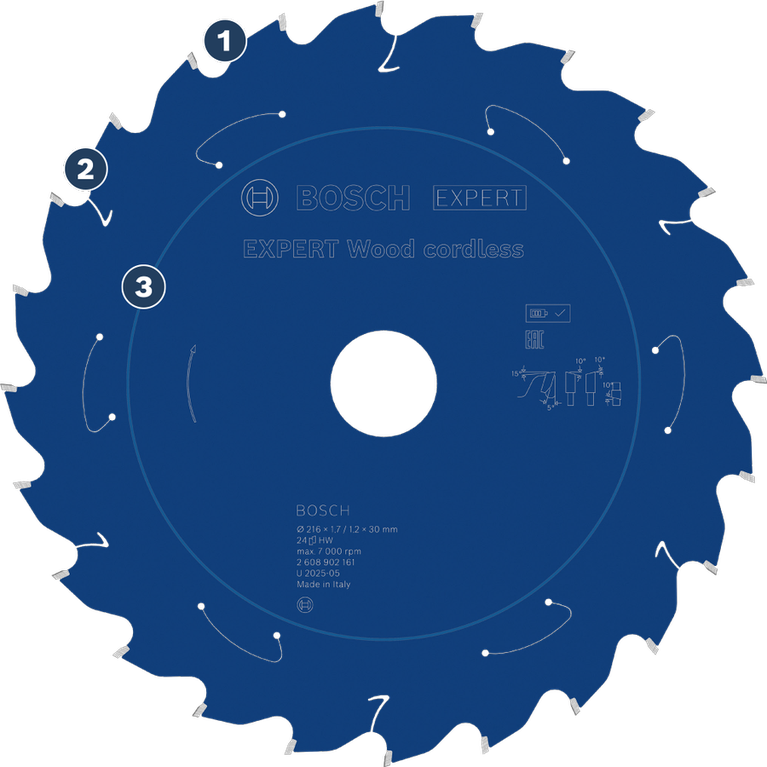 Lama per sega a batteria Bosch Expert Wood con denti in carburo di tungsteno.