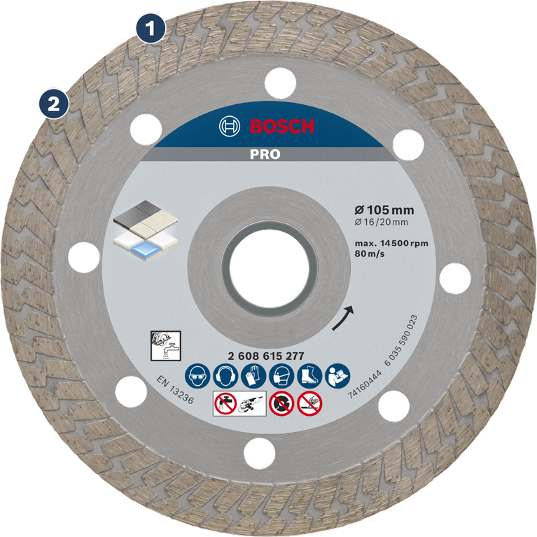 Disco de corte de diamante cerámico duro Bosch PRO de 105 mm.