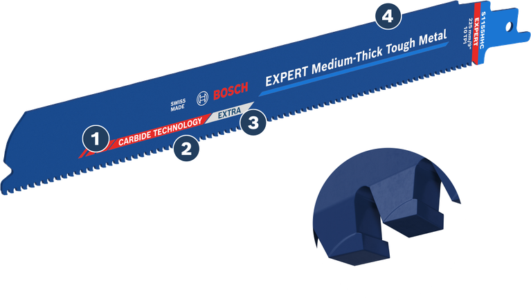 Lama per sega Bosch Expert Medium-Thick Tough Metal con denti in carburo.