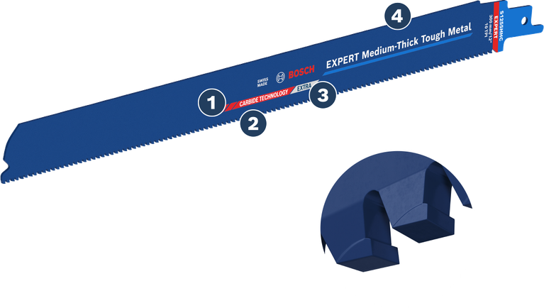 Lama per sega Bosch EXPERT Medium-Thick Tough Metal con denti in metallo duro.