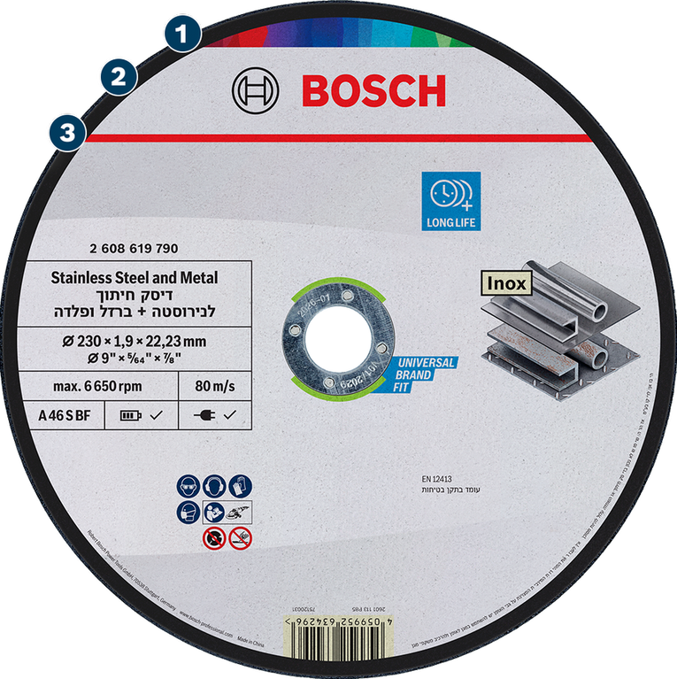Bosch stainless steel and metal cutting disc, long life.