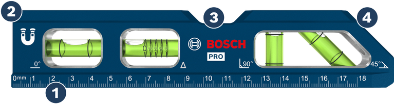ميزان تسوية مغناطيسي من Bosch مزود بمسطرة وفقاعات زاوية.
