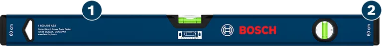 ميزان تسوية أزرق من Bosch بطول 60 سم مزود بأنابيب أفقية ورأسية.