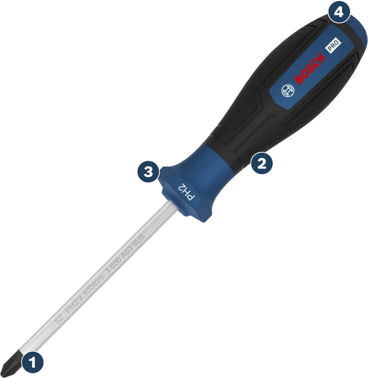 Ergonomik saplı Bosch PH2 tornavida.