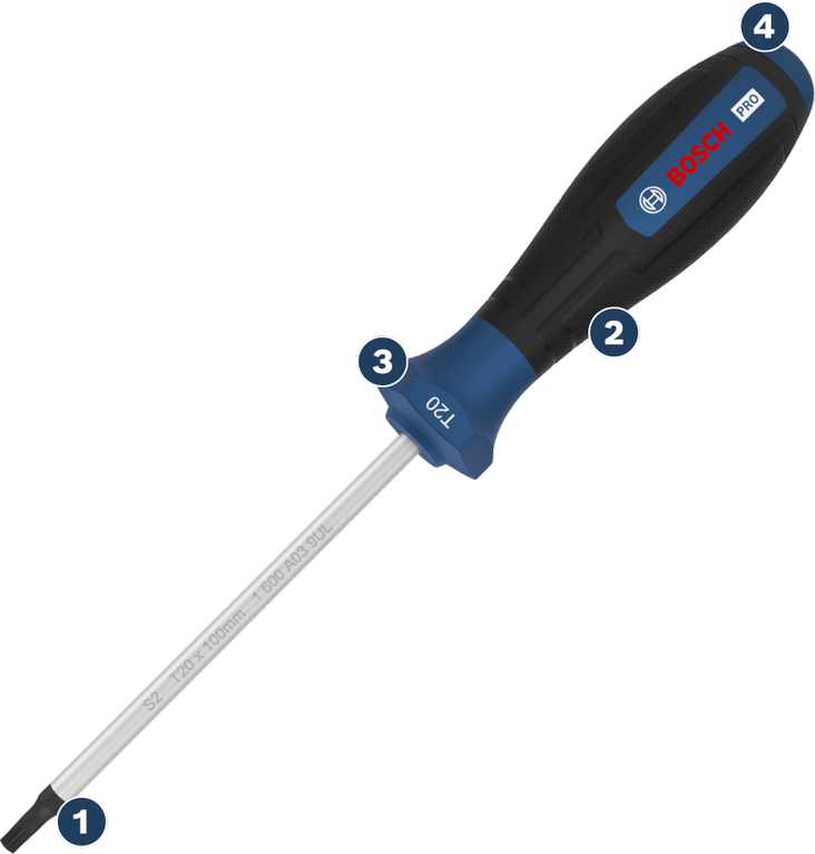 Destornillador Bosch con mango ergonómico.