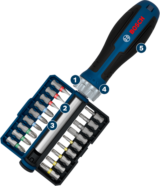 Juego de destornilladores Bosch de 20 piezas con puntas y carraca, con mango ergonómico.