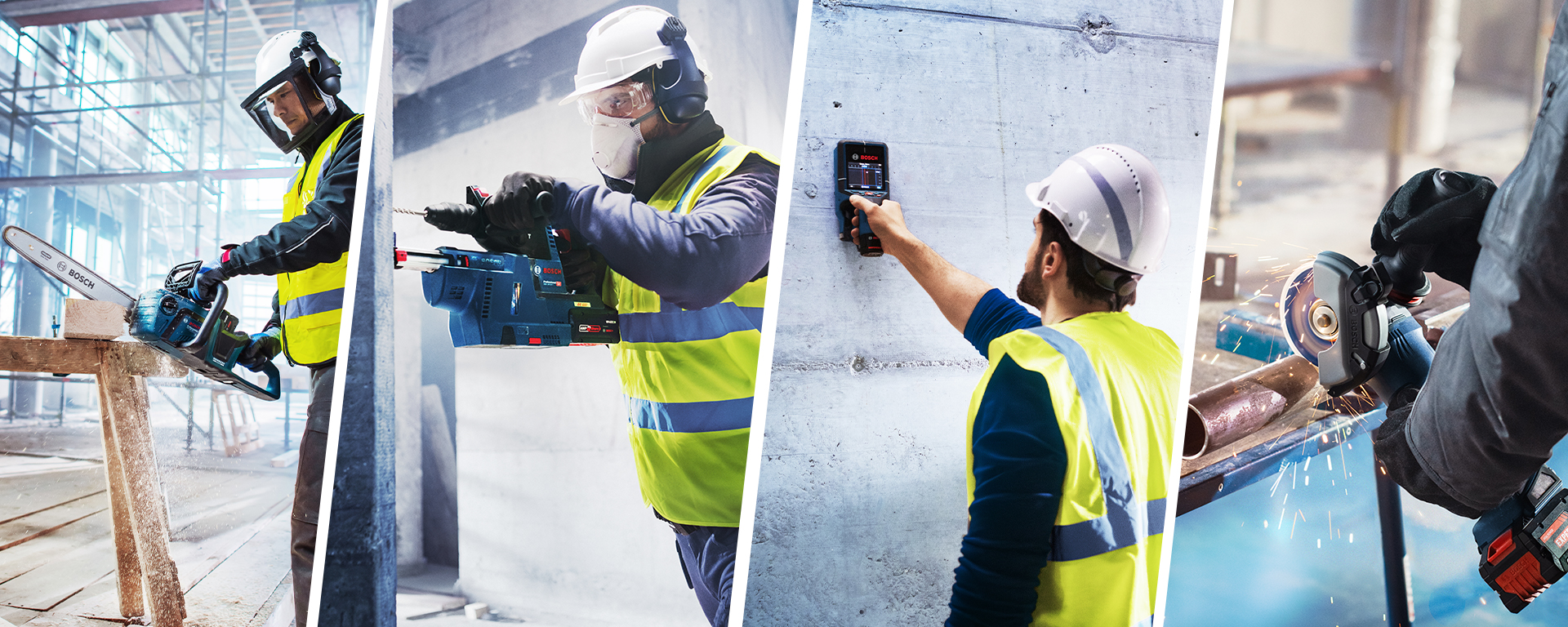 Uma colagem de quatro imagens mostrando ferramentas Bosch Professional em uso por trabalhadores em coletes de segurança. Canto superior esquerdo: um trabalhador usa uma motosserra em vigas de madeira. Canto superior direito: outro trabalhador opera uma ferramenta sem fio, usando equipamento de proteção. Canto inferior esquerdo: um trabalhador corta tubos de metal com um moedor, faíscas voando. Canto inferior direito: uma pessoa mede uma parede com uma ferramenta a laser, focada na tarefa.