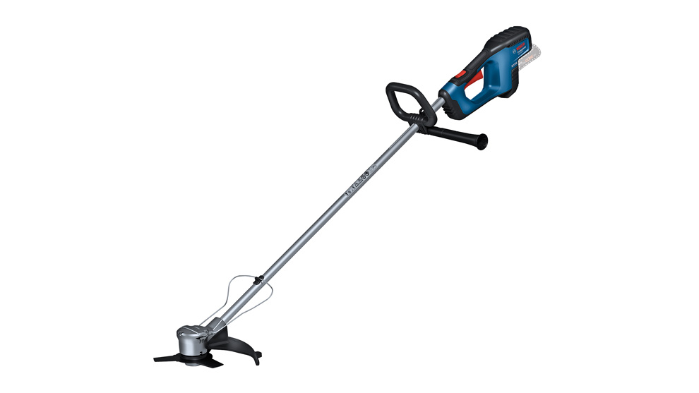 Um aparador de grama sem fio Bosch Professional com cabo azul e haste prateada.