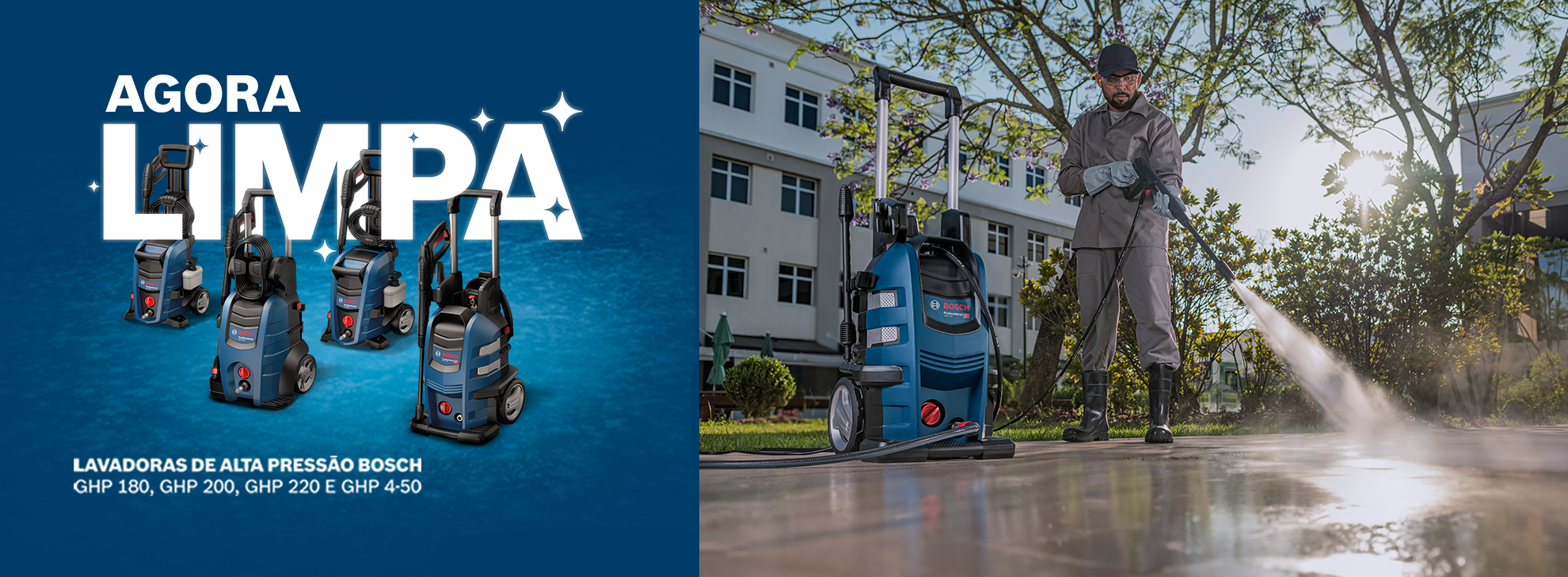 Um homem usa uma lavadora de alta pressão Bosch ao ar livre em um dia ensolarado.