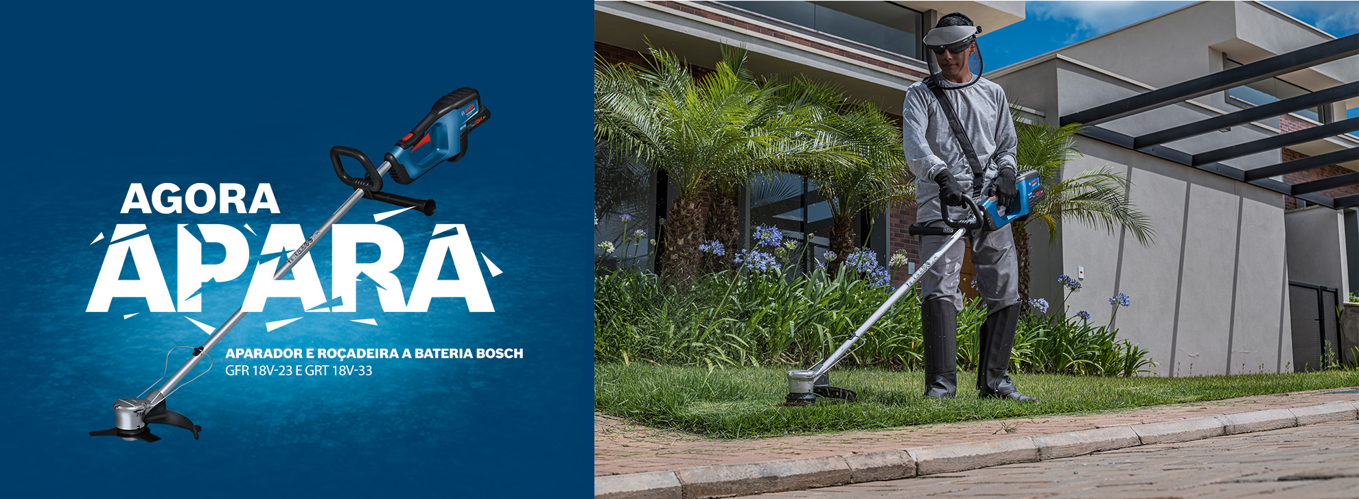 Um homem com equipamento de proteção usa um cortador Bosch Professional em um jardim.