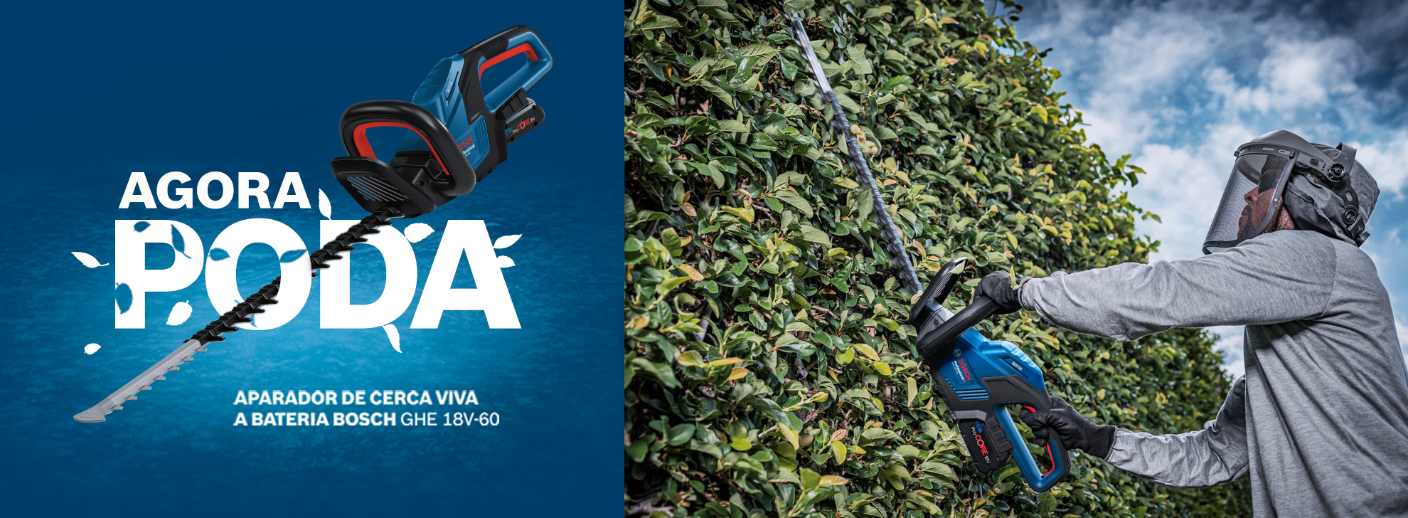 Um homem poda uma cerca viva com um cortador de cerca viva a bateria azul da Bosch ao ar livre.