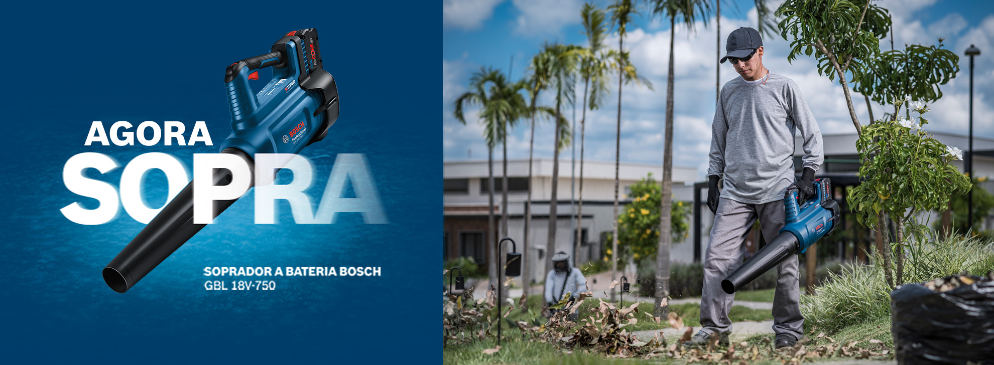 Um homem usa um soprador azul da Bosch em um jardim com palmeiras.