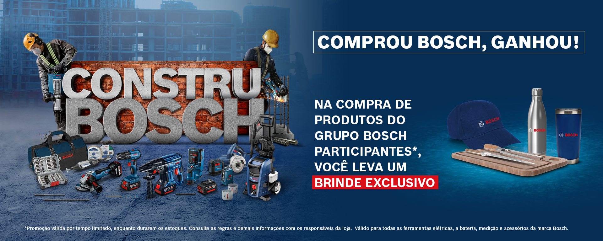 Ferramentas profissionais Bosch exibidas em um fundo de canteiro de obras.