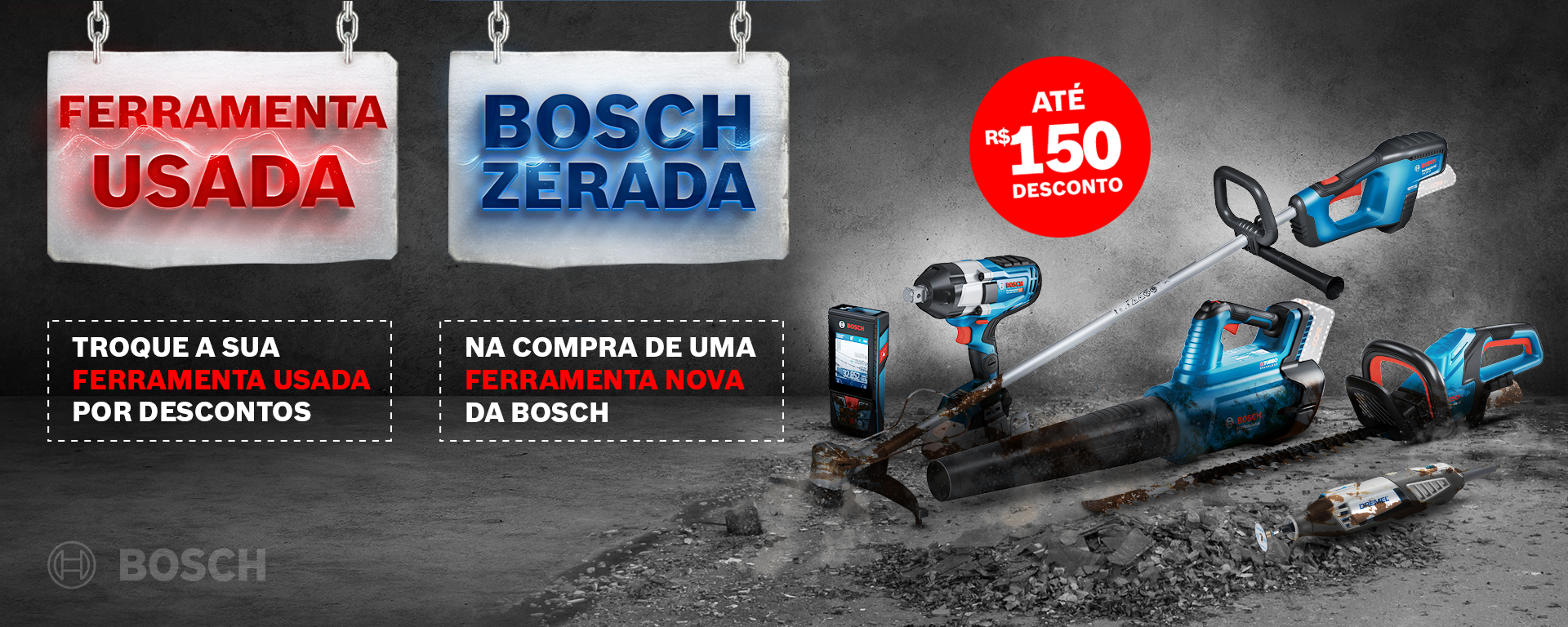 Ferramentas profissionais Bosch exibidas em uma superfície robusta com placas de desconto.