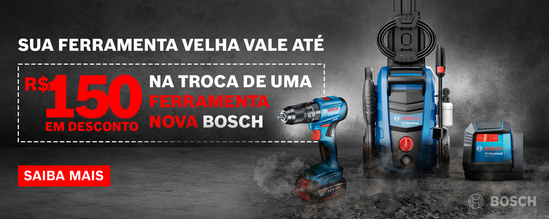 Ferramentas Bosch Professional: uma furadeira azul, lavadora de alta pressão e bateria no chão cinza.