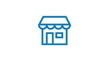 Um contorno azul simples de uma loja com uma marquise listrada e porta.