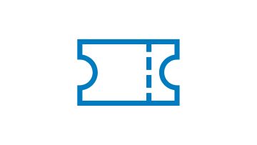 Um ícone de ingresso azul com bordas perfuradas e cantos arredondados.