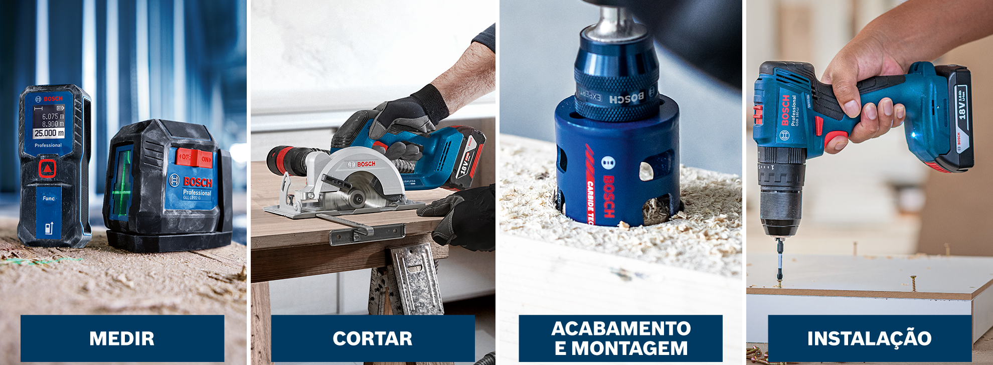 Ferramentas profissionais Bosch para medição, corte e tarefas de instalação.