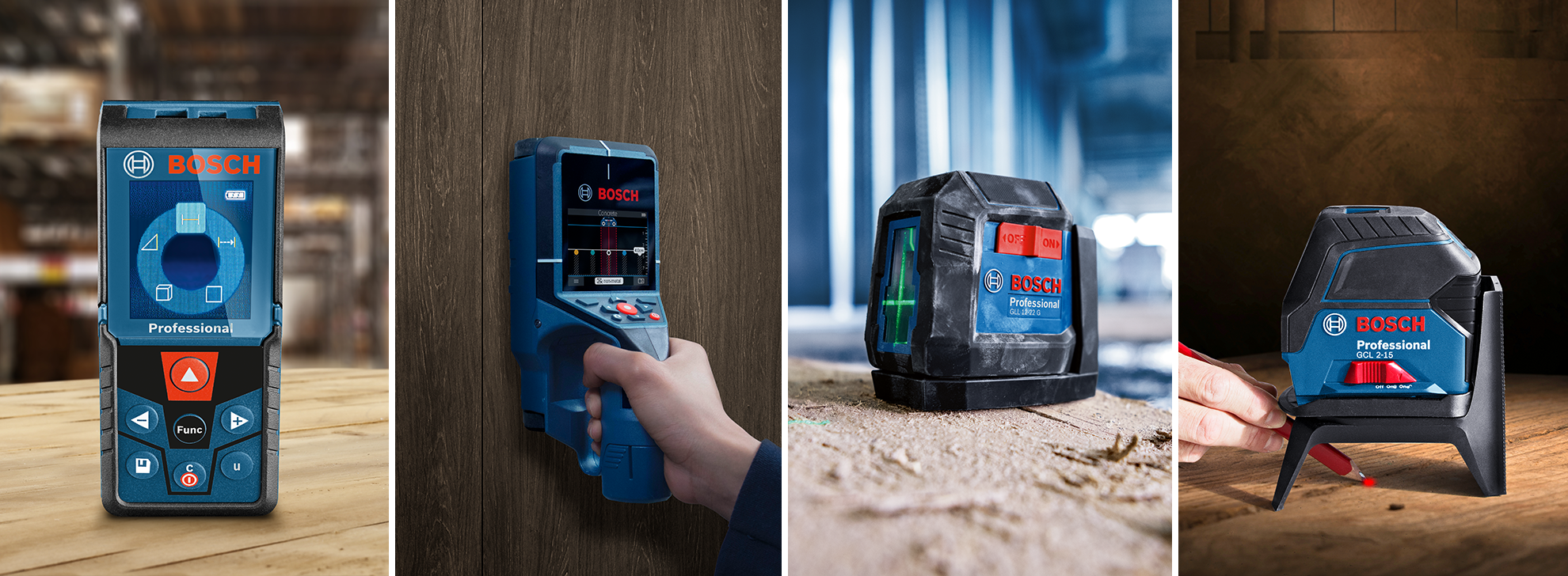 Nível a laser Bosch Professional sobre uma superfície de madeira, ferramenta de medição em uso.