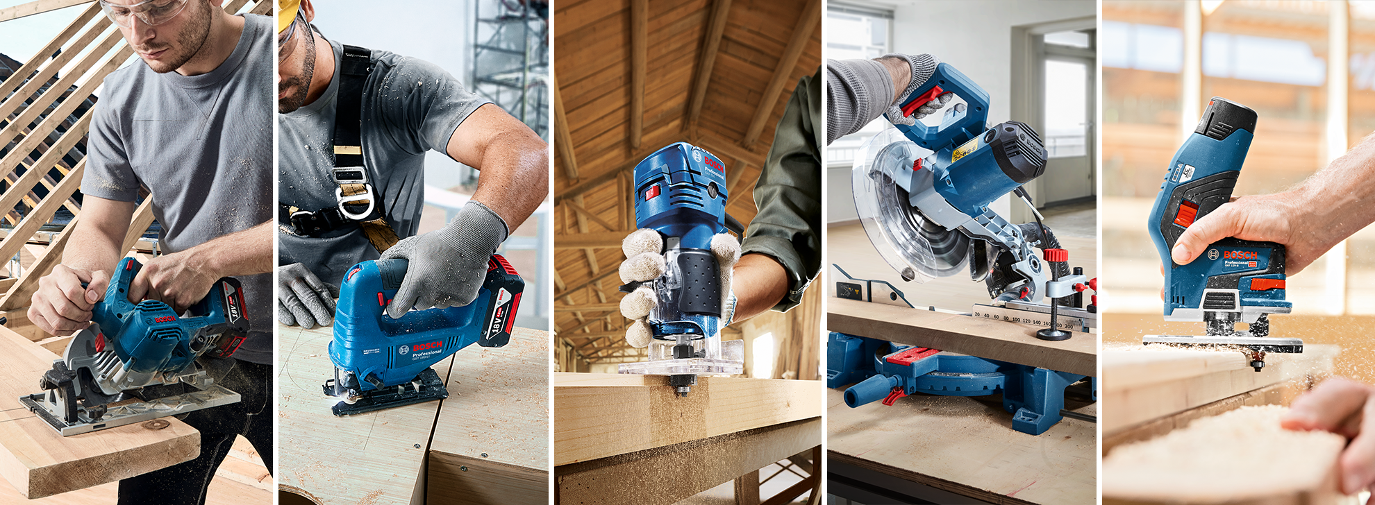 Ferramentas profissionais Bosch: serra tico-tico, fresadora, serra de esquadria e lixadeira em ação.
