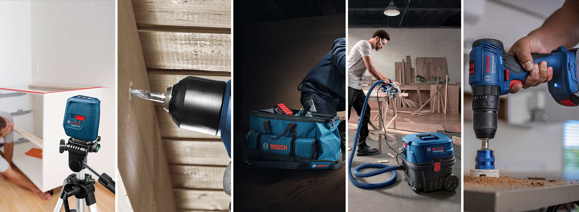 Uma furadeira e ferramentas Bosch Professional estão dispostas em uma mesa de trabalho, prontas para uso.