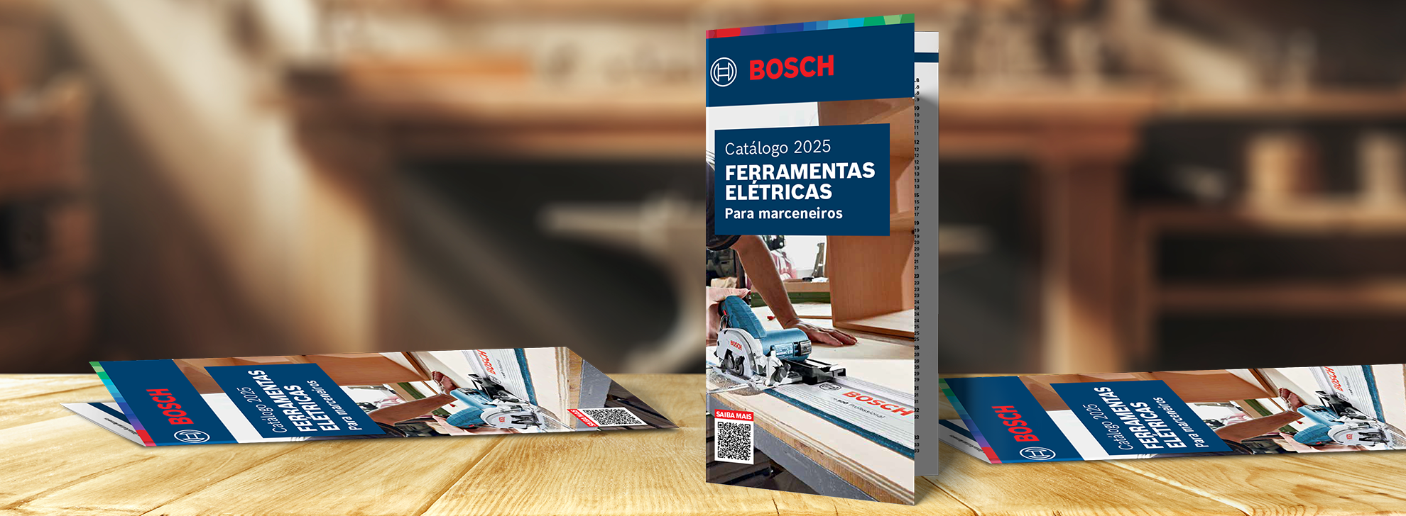 Catálogo Bosch 2025 com ferramentas elétricas sobre um fundo de mesa de madeira.