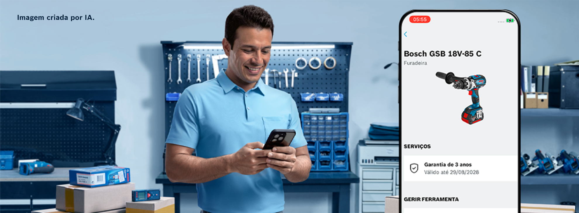 Um homem com uma camisa azul sorri enquanto segura um smartphone, exibindo uma furadeira Bosch. O fundo da oficina apresenta ferramentas e caixas.