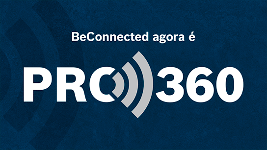 Um fundo azul escuro apresenta o texto "BeConnected agora é PRO 360" em fonte branca estilizada com ícones de ondas sonoras.