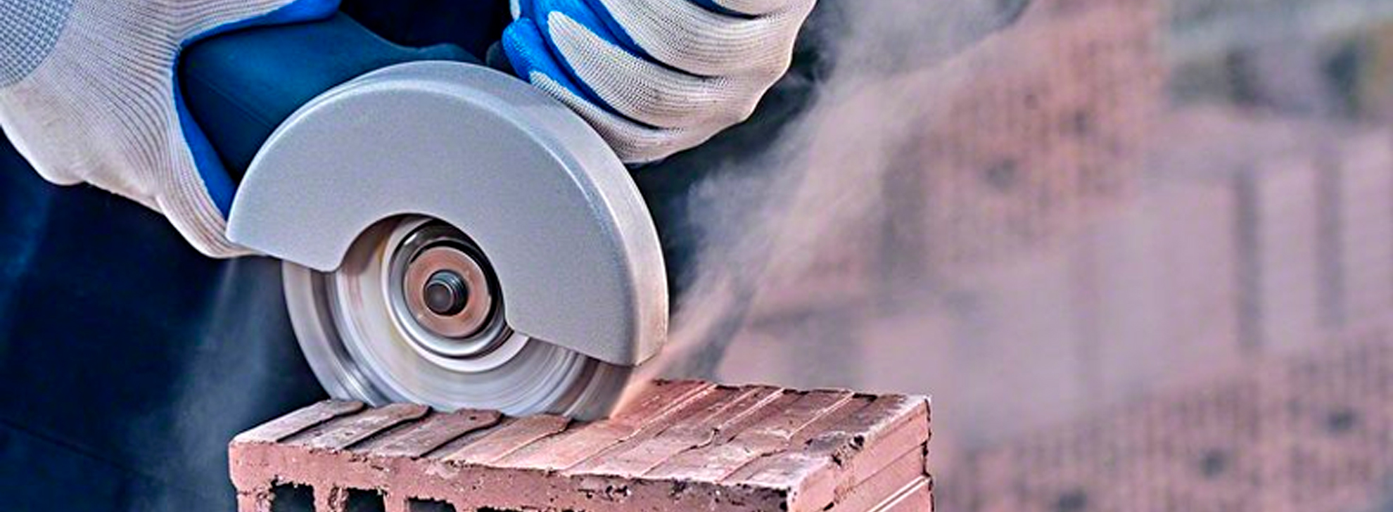 Uma mão com uma luva azul usa um cortador Bosch em um tijolo vermelho, criando poeira.