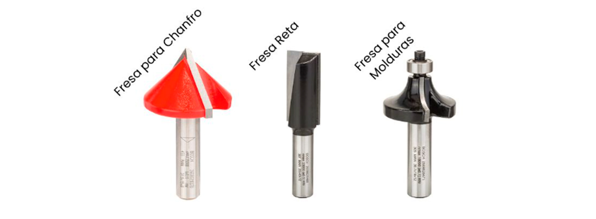 Três brocas profissionais Bosch: chanfro vermelho, reto preto e moldura preta.