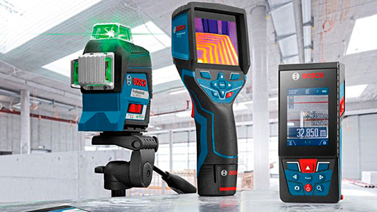 Ferramentas profissionais Bosch: nível a laser, câmera térmica e medidor de distância.