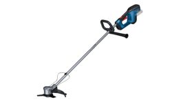 Um aparador sem fio Bosch Professional azul está em pé sobre um fundo branco.
