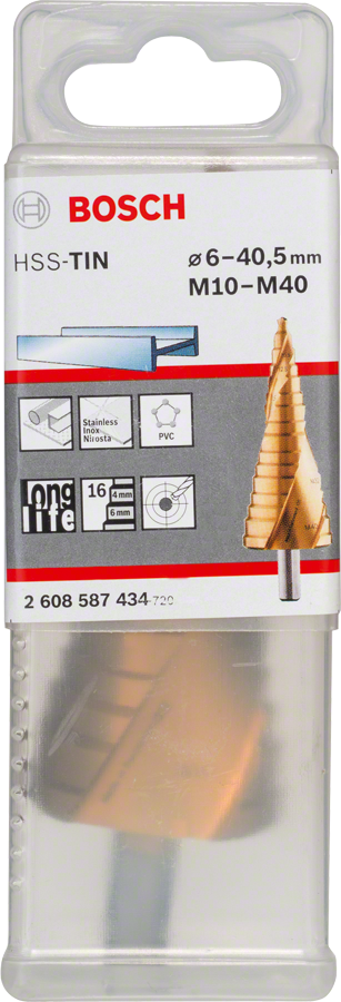 Broca escalonada Bosch HSS-TiN para furos de 6 a 40,5 mm.