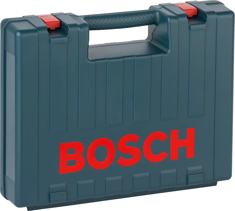 Caixa de plástico Bosch com alça e travas vermelhas.