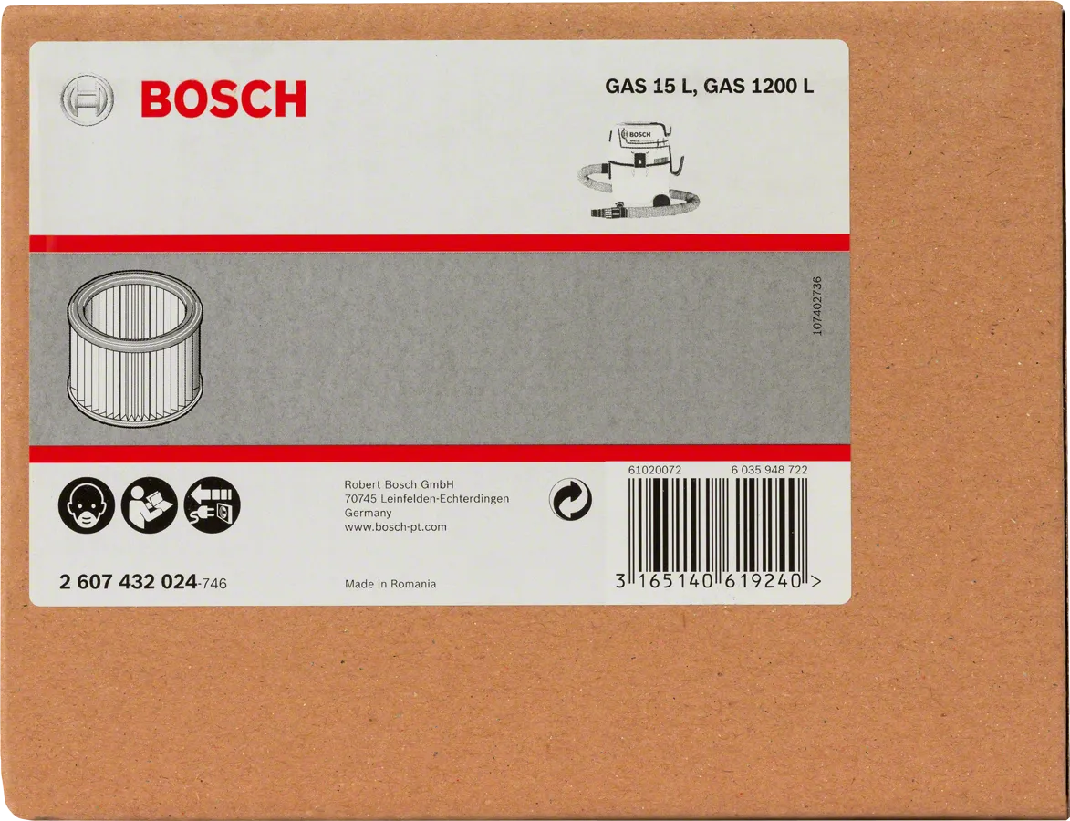 Filtro de fole Bosch em poliéster para aspirador GAS 15 L.