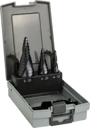 Conjunto de brocas escalonadas Bosch HSS-AlTiN de 3 peças em estojo.