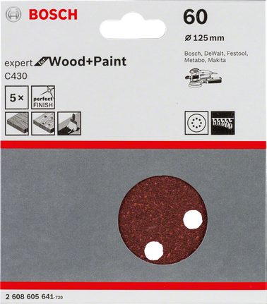 Lixa Bosch C430 de 125 mm, grão 60, pacote com 5 unidades.